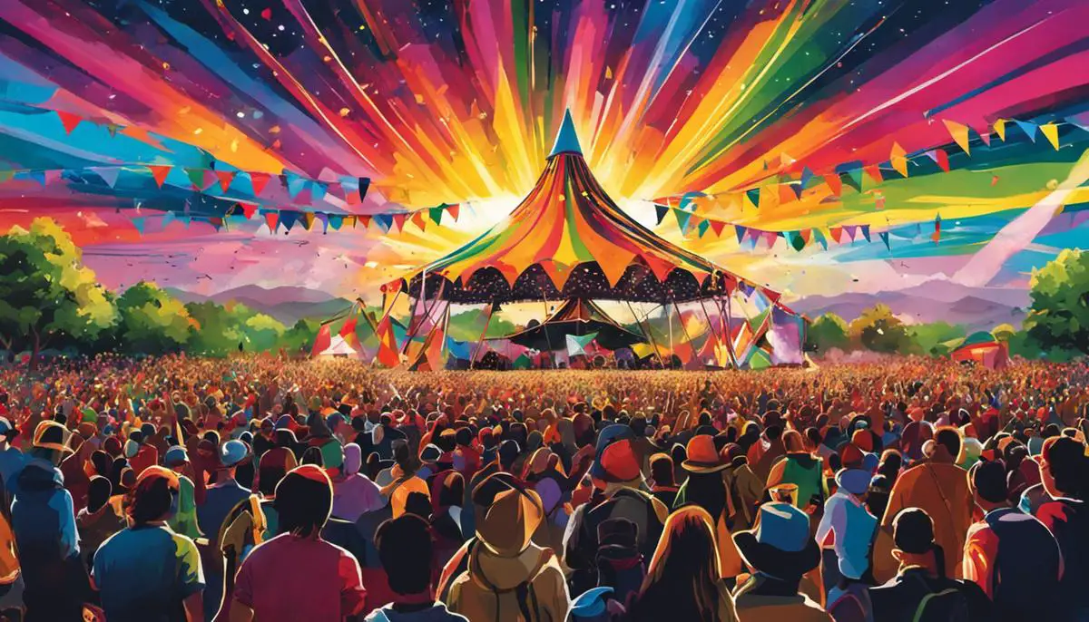 A colorful image capturing the vibrant atmosphere of the Glastonbury Festival