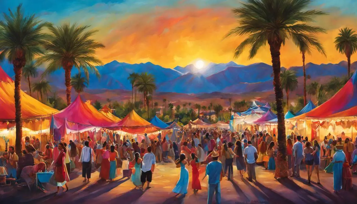 A vibrant image of people gathered in a festival setting, enjoying music, art, and the scenic beauty of Indio.