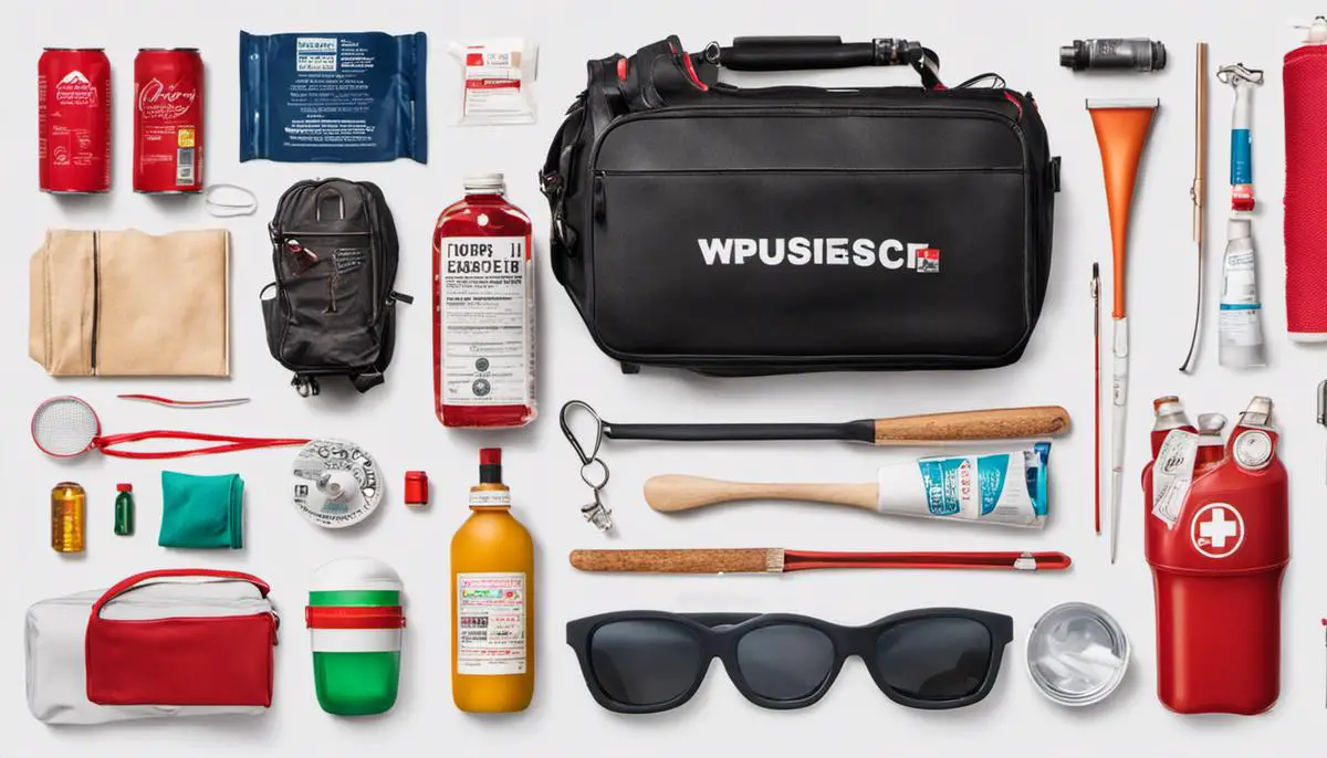 Image of essential items for a music festival, including water, snacks, first-aid kit, and appropriate attire.