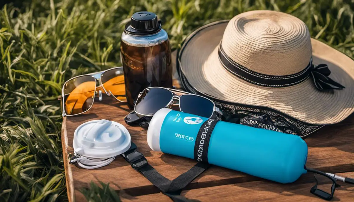 Image of festival essentials such as water bottle, sunscreen, sunglasses, hat, phone charger, bandana
